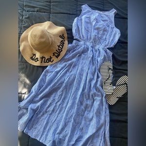 Classic Blue & White Striped Size Small Midi-Dress, Cutout Midriff